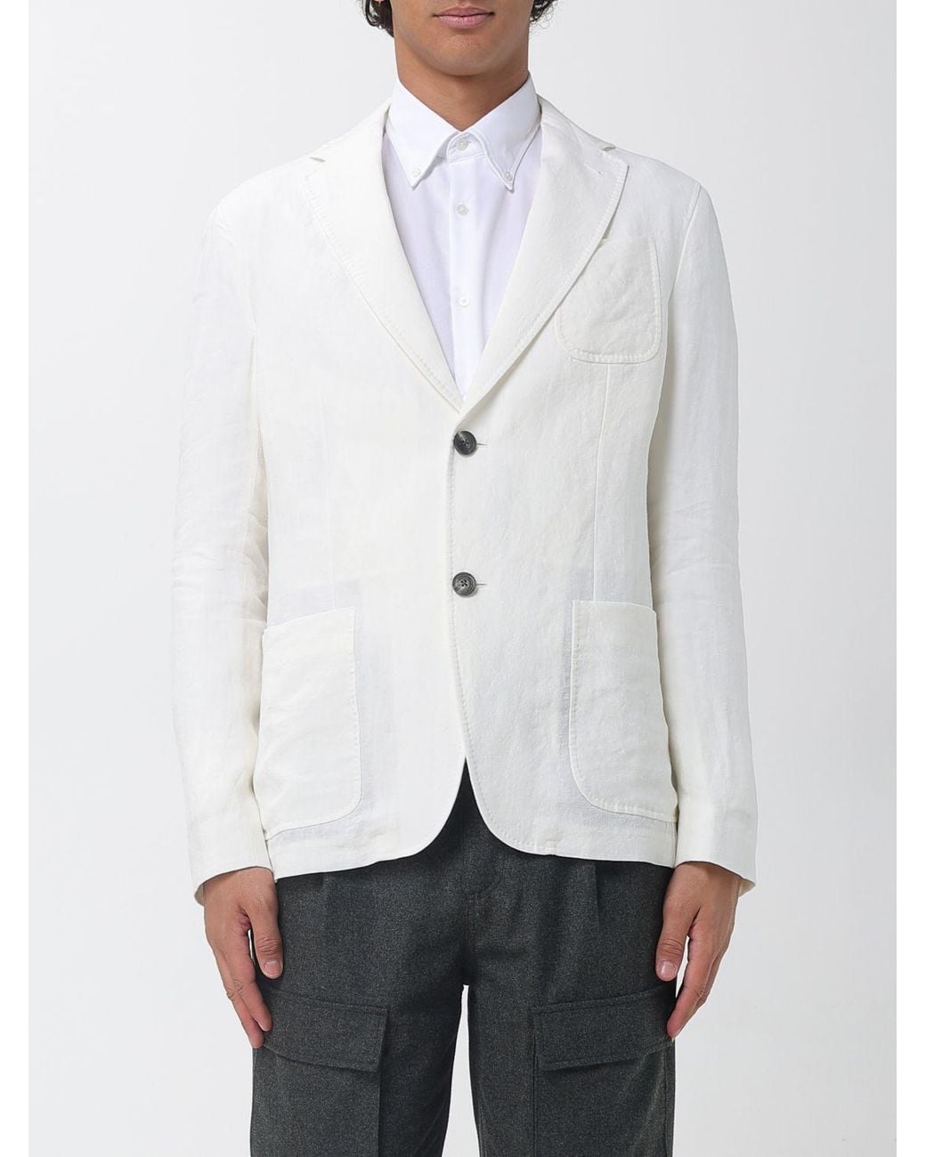 Emporio Armani White Single-Breasted Pure Linen Blazer With Notch Lapels And Patch Pockets for men