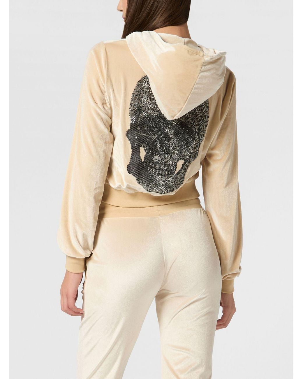 Philipp Plein Natural Cropped Velvet Zip Hoodie With Skull Rhinestones