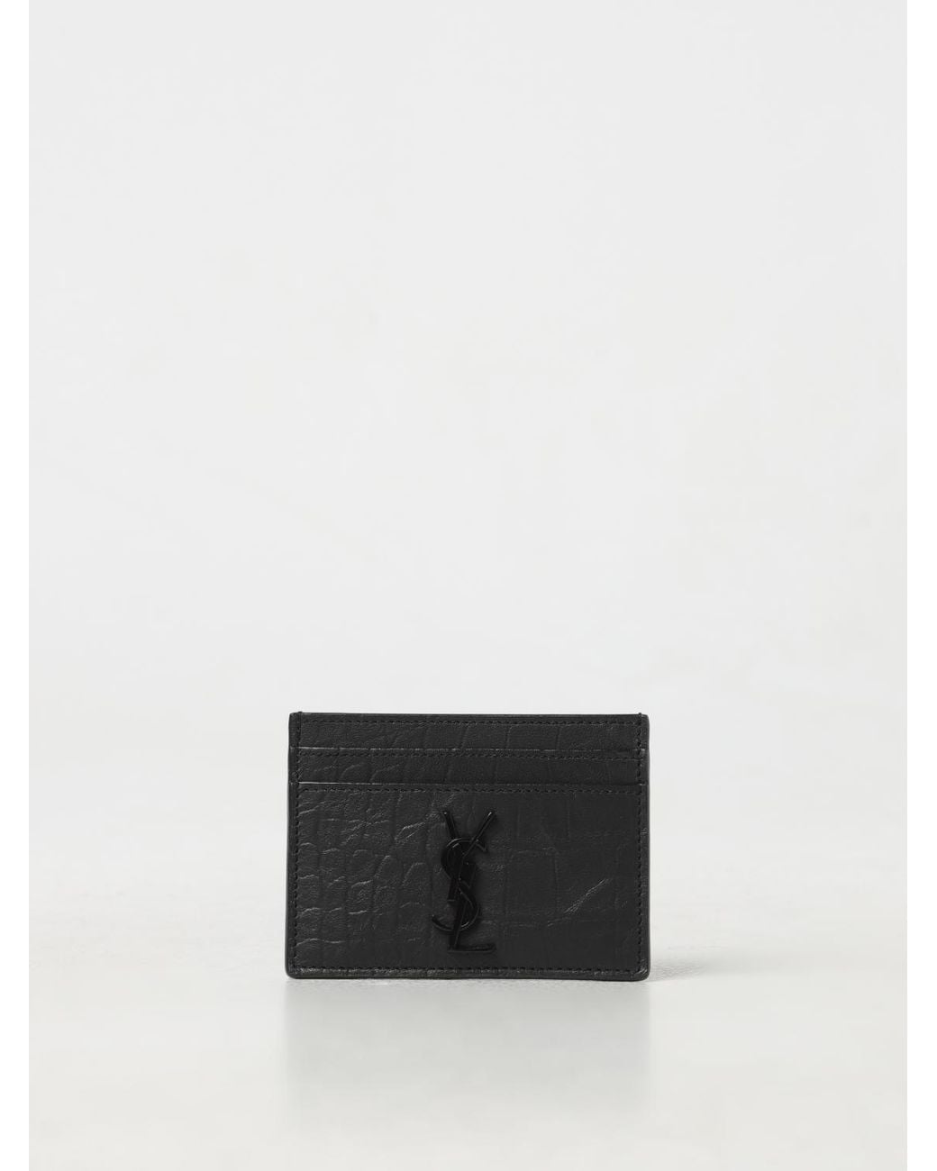 Saint Laurent White Cassandre Crocodile-Embossed Leather Card Holder for men