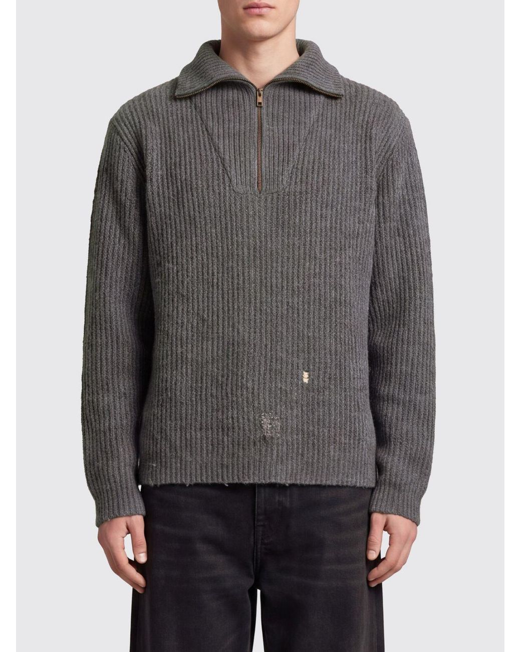 Maison Margiela Gray Linen And Wool High Neck Jumper With Zip And Distressed Effect for men