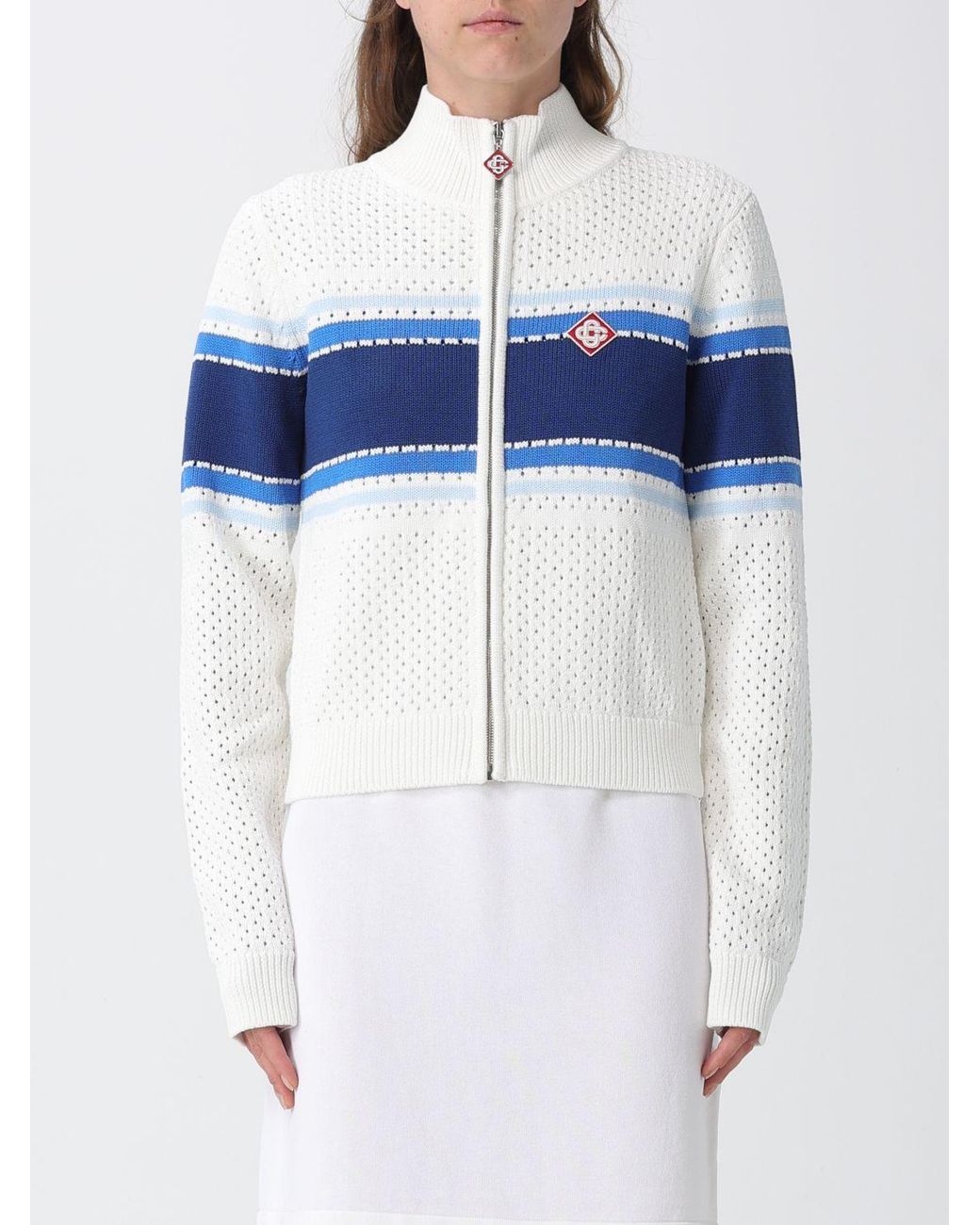 Casablanca Blue Striped Perforated Knit Zip-Up Sweatshirt With High Neck