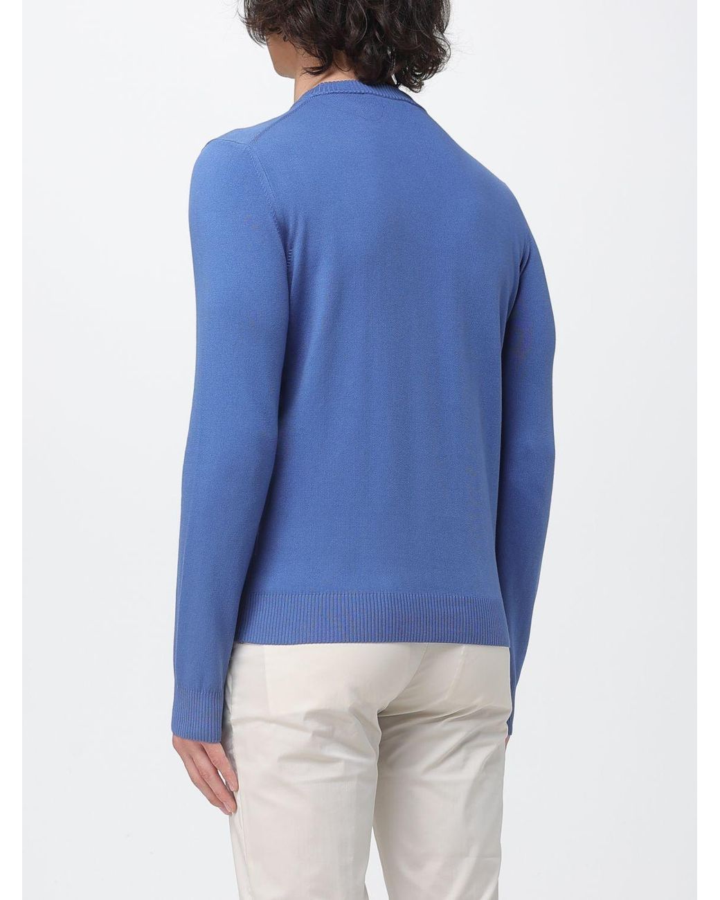 Brooksfield Blue Cotton Crew Neck Sweater With Logo for men