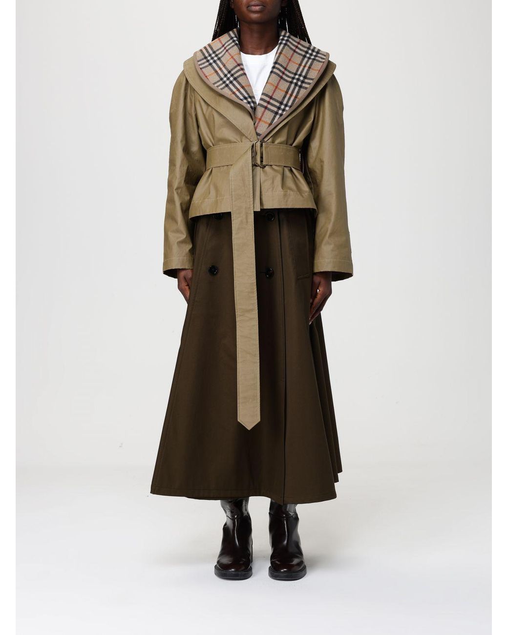 Burberry Green Waxed Cotton And Wool Jacket With Belt