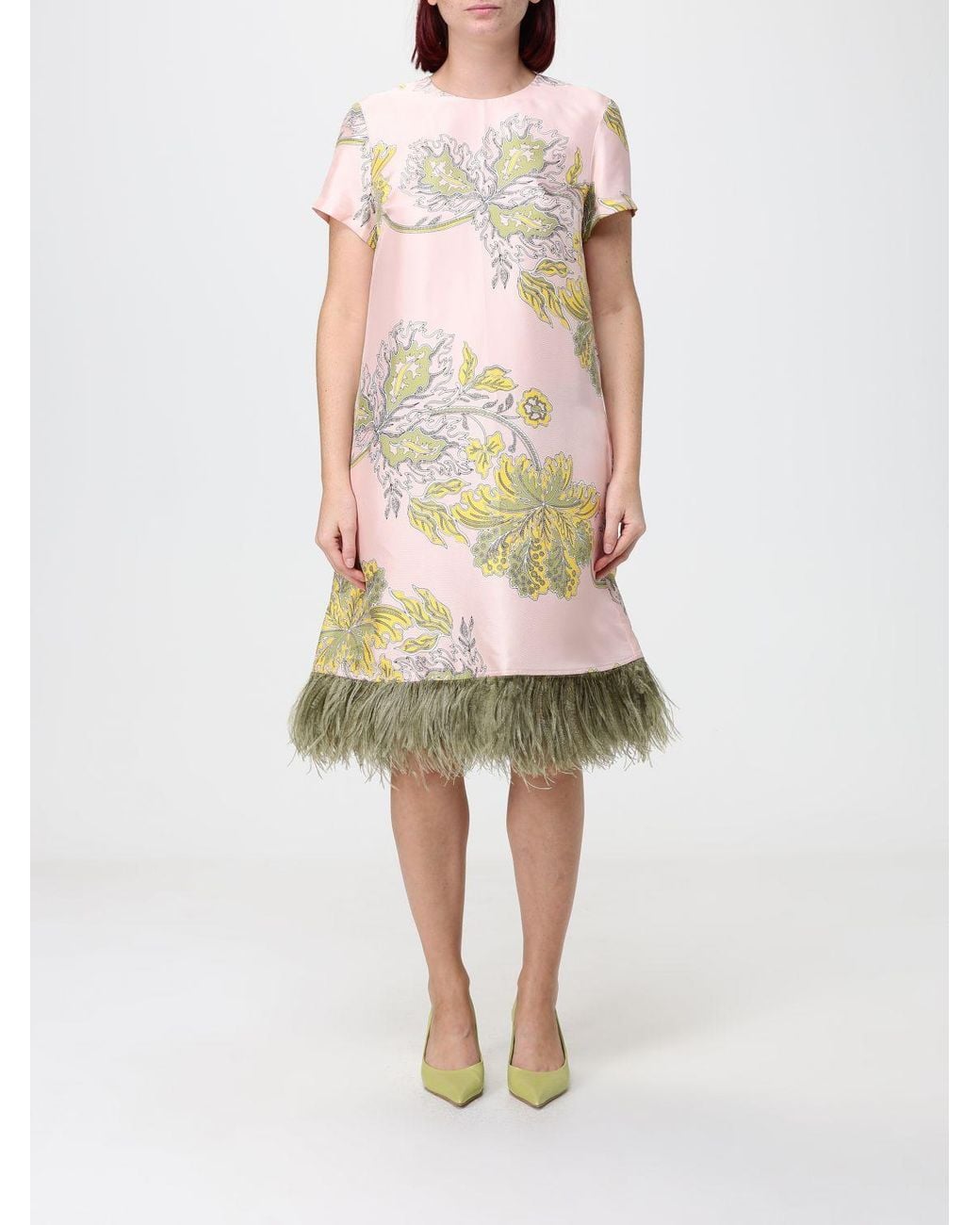 LaDoubleJ White Floral Print Silk Midi Evening Dress With Feather Details