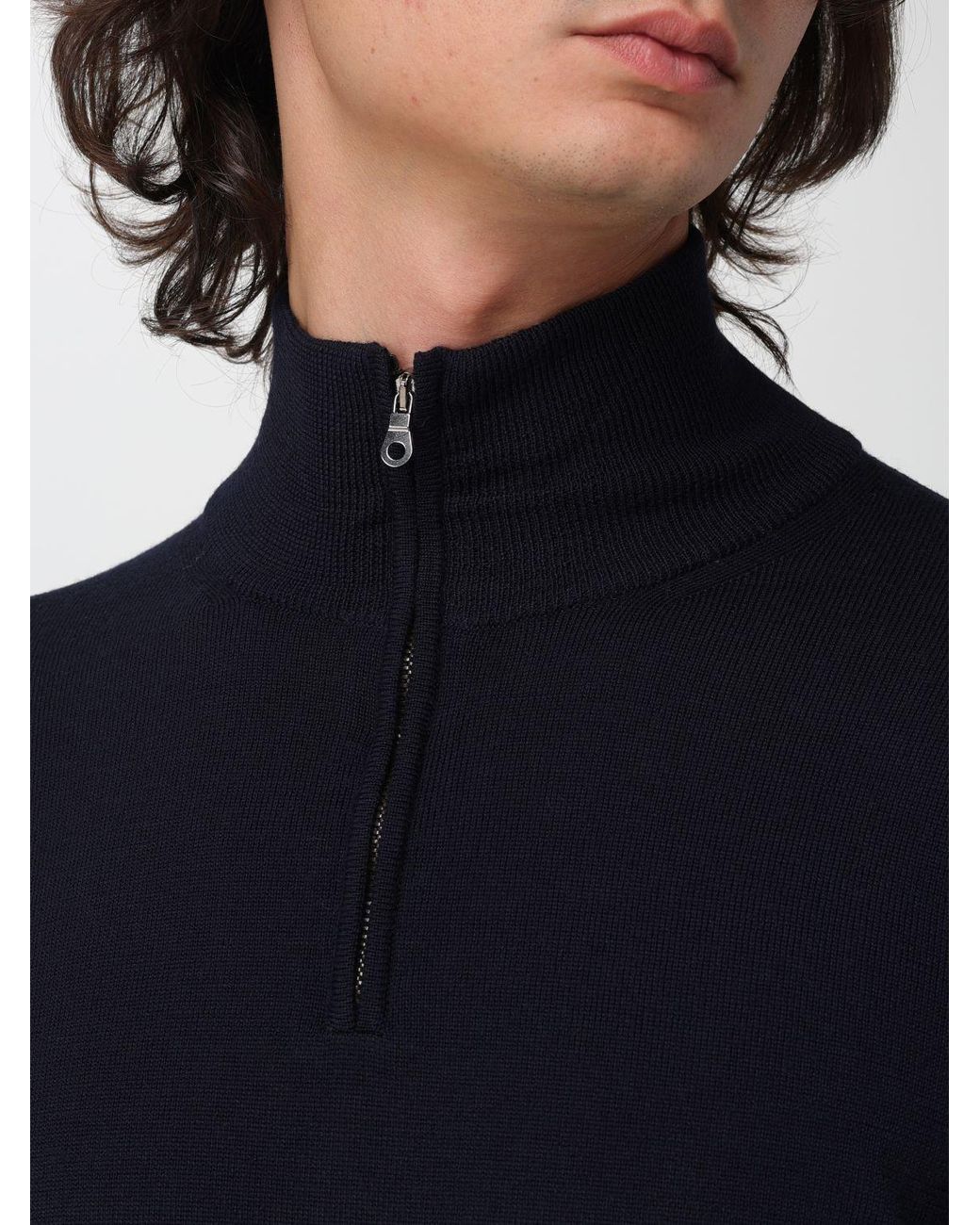 Brooksfield Blue Half-Zip Wool Turtleneck Jumper With High Neck for men
