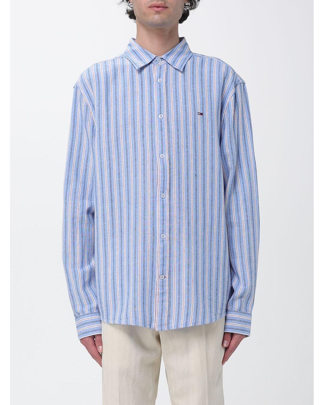 Tommy Hilfiger Blue Relaxed Fit Striped Cotton Shirt With Embroidered Flag Logo for men