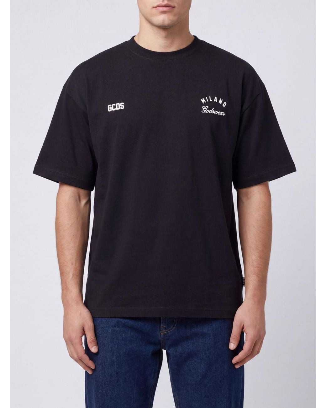 Gcds Blue Cotton T-Shirt With Back Logo And Dropped Shoulders for men