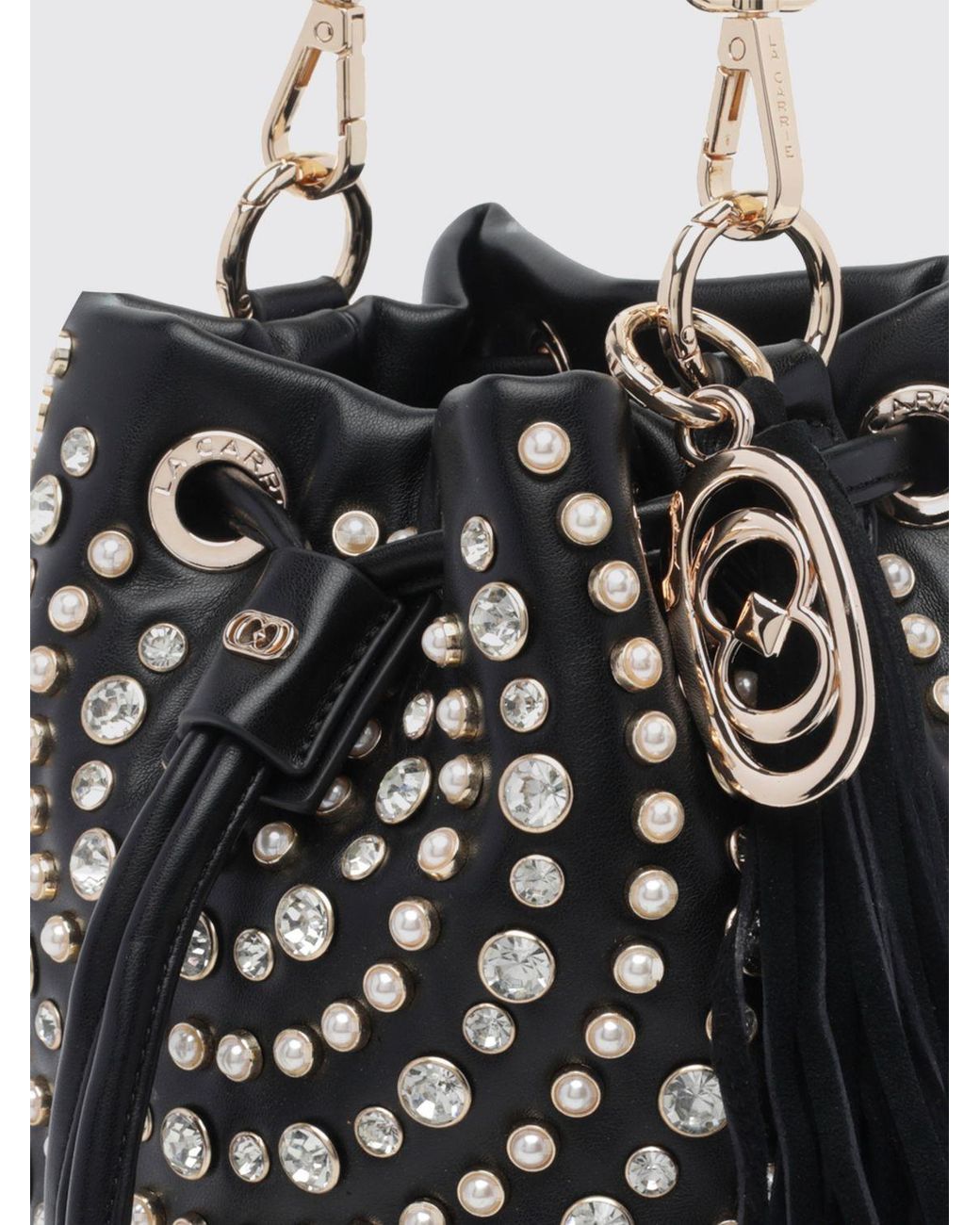 La Carrie White Polyurethane Mini Bucket Bag With Rhinestone Embroidery