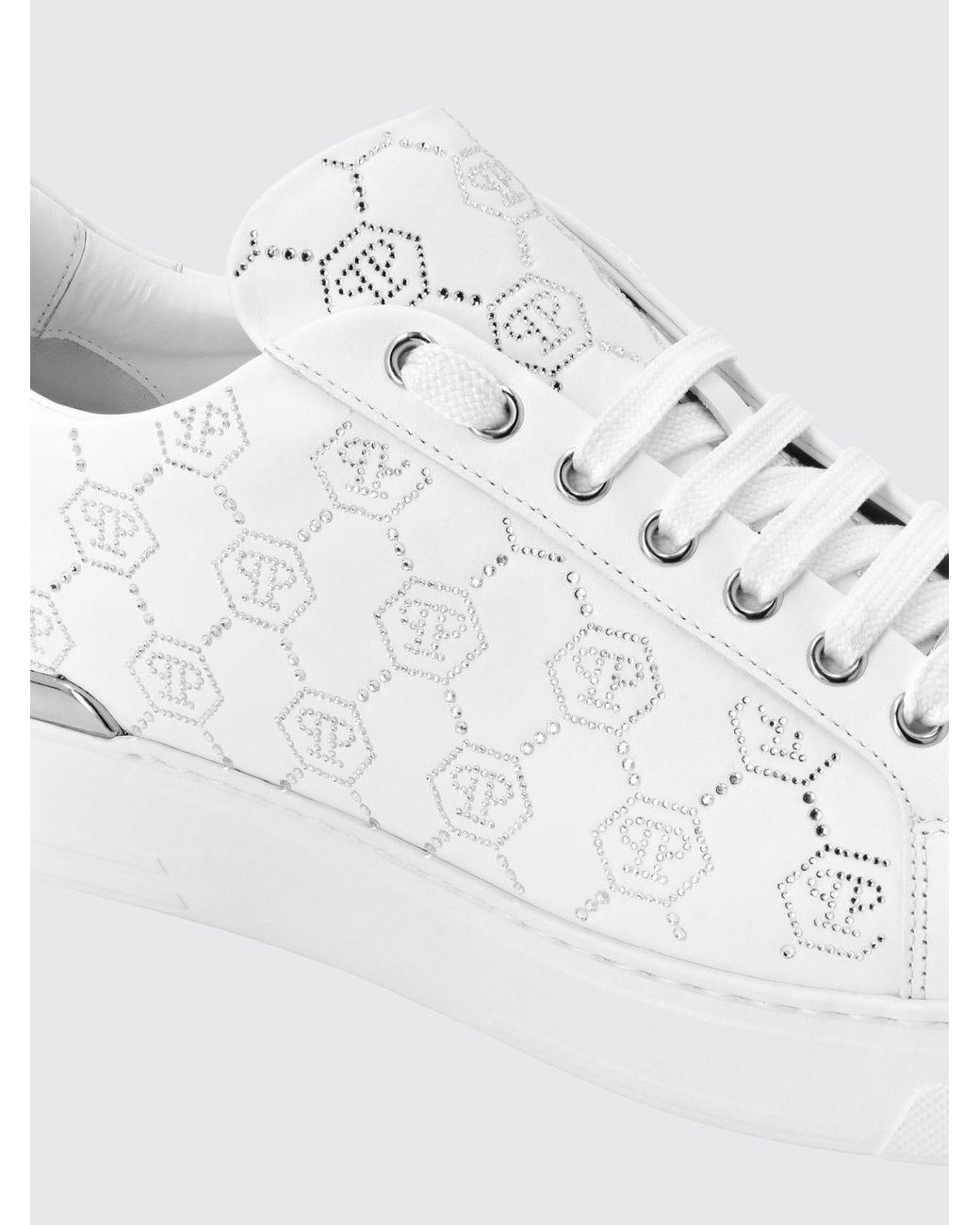 Philipp Plein White Leather Sneakers With Rhinestone Hexagon for men