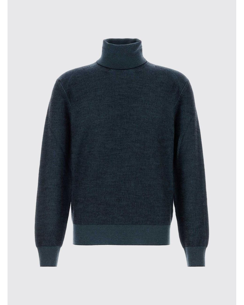 Brioni Blue Cashmere And Wool Blend Turtleneck Sweater With Ribbed Trims for men