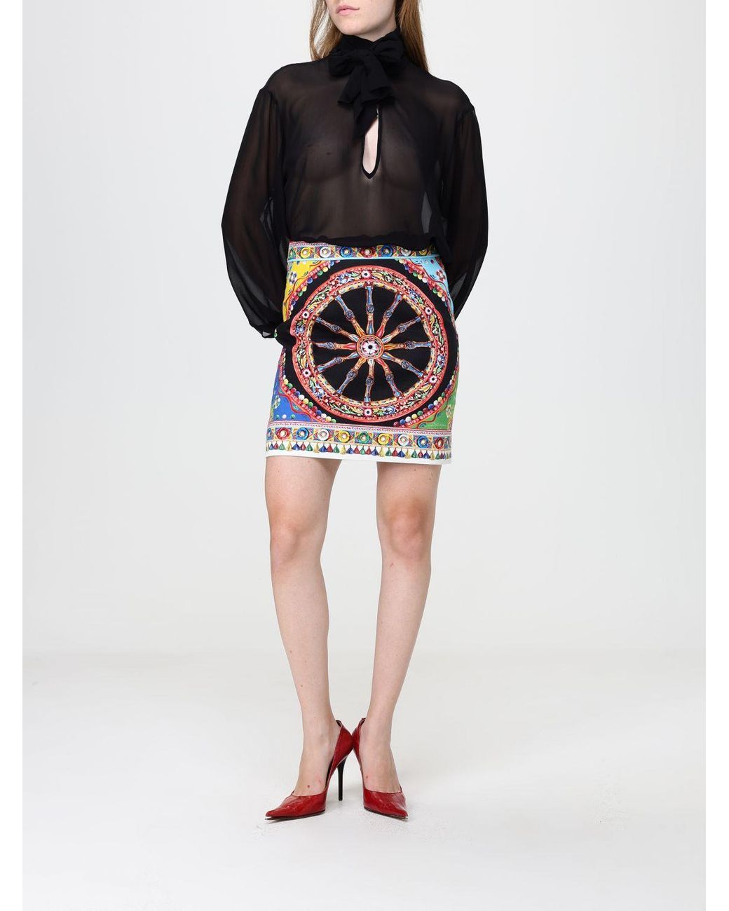 Dolce & Gabbana Black Dolce &Amp Gabbana Carretto Siciliano Print Silk Midi Pencil Skirt