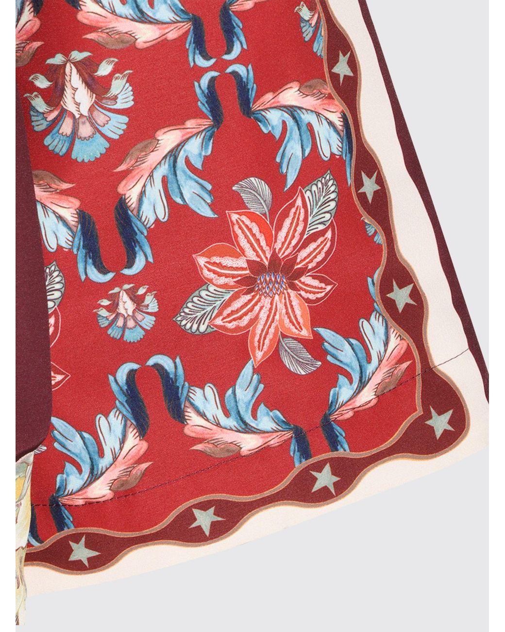 Farm Rio Red Reversible Knee-Length Coat With Floral Print And Hood