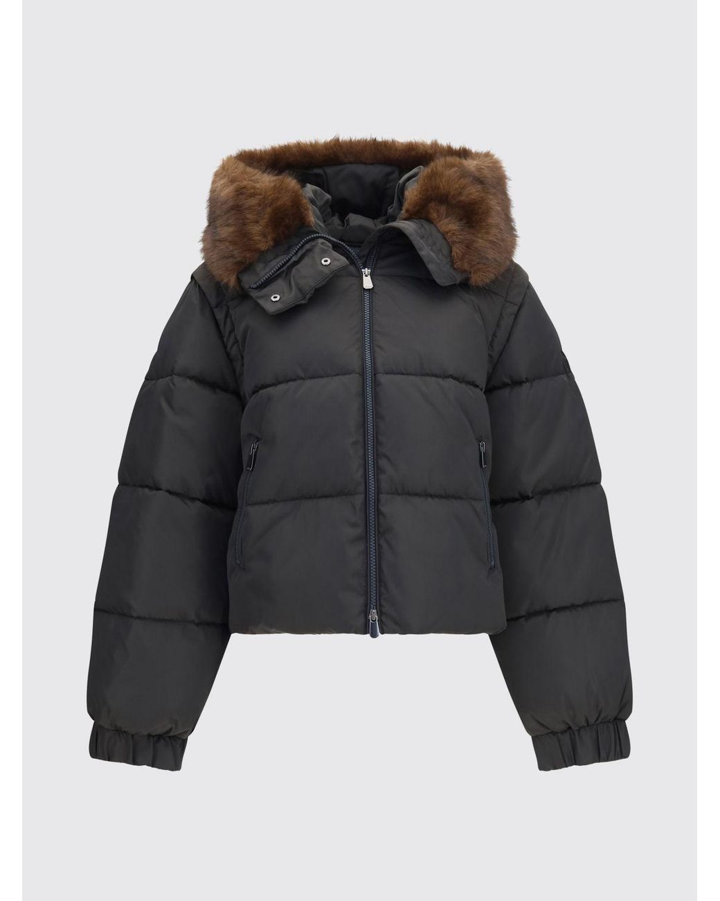 Pinko Black Godetia Nylon Puffer Jacket With Hood, Fur Collar, And Removable Sleeves