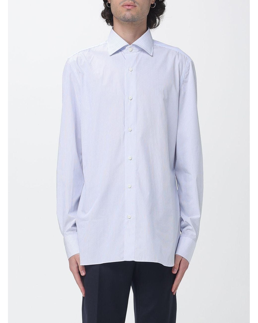 Luigi Borrelli Napoli White Luciano Long-Sleeve Striped Cotton Shirt With French Collar for men