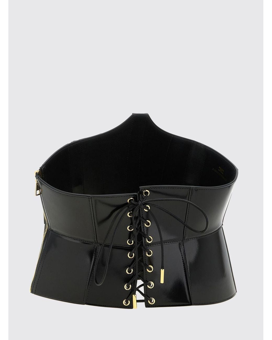 Elisabetta Franchi Black Leather Bustier Belt With Monogram Logo And Tie Closure