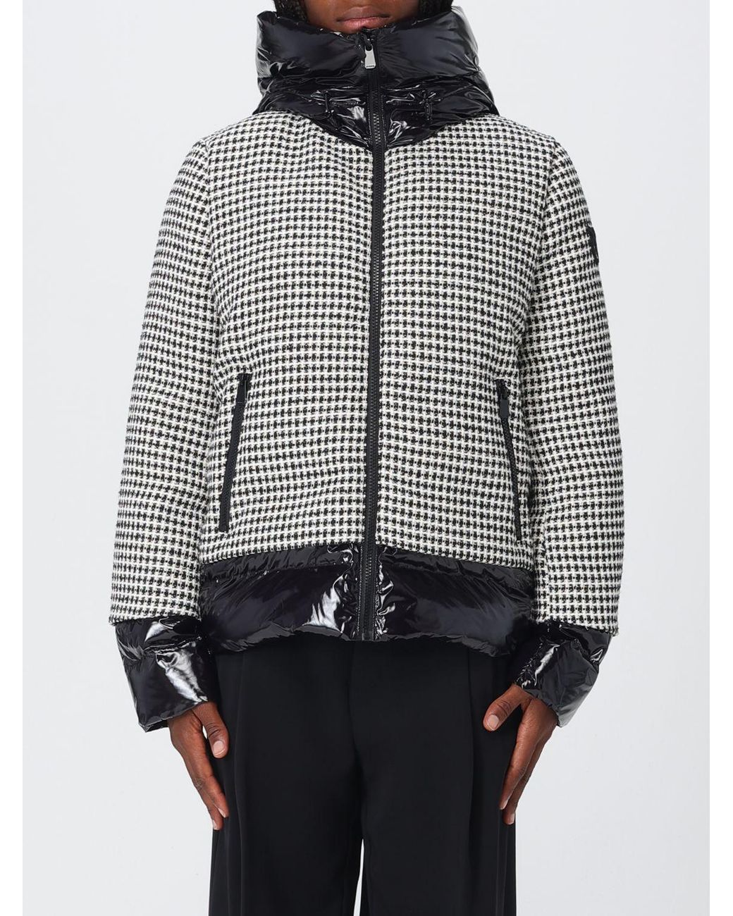 Pinko Gray Short Quilted Vichy Tweed And Nylon Down Jacket With Hood