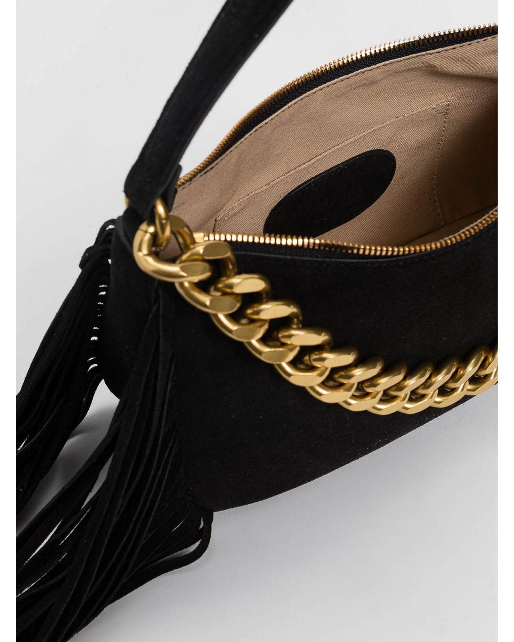 Twinset Black Liliane Suede Shoulder Bag With Fringes And Embroidery