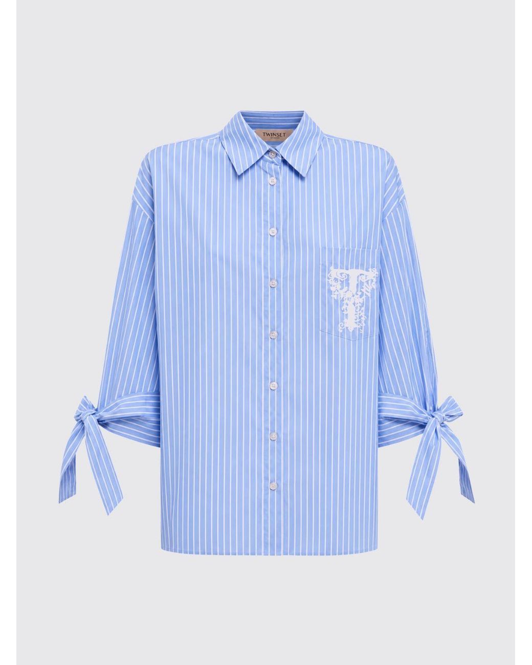 Twinset Blue Striped Cotton Relaxed-Fit Shirt With Contrast Embroidered Logo