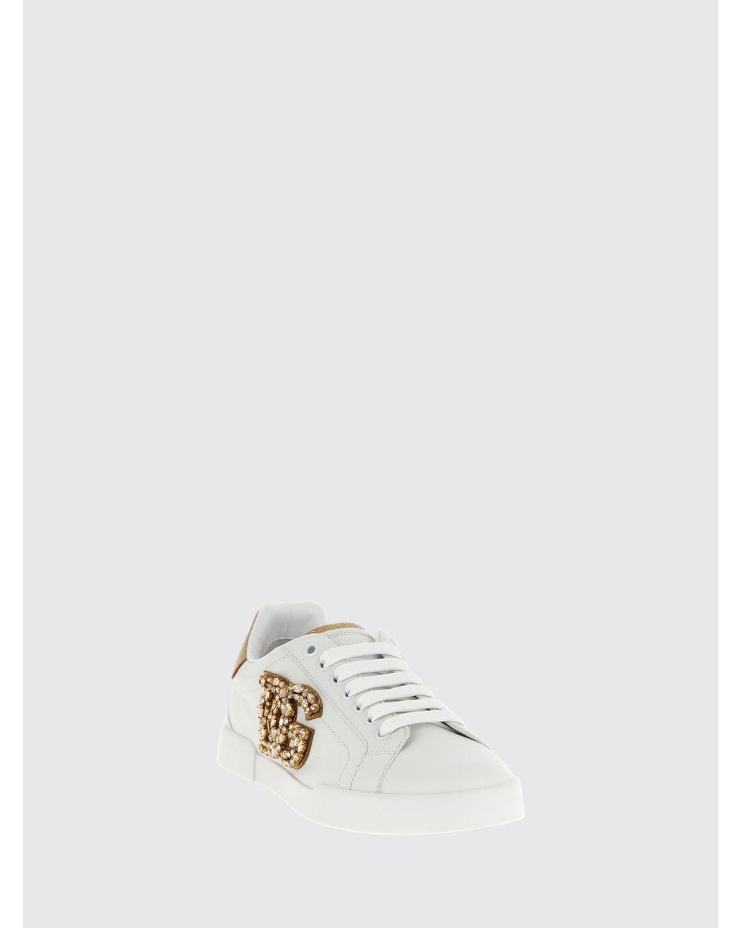 Dolce & Gabbana White Dolce &Amp Gabbana Portofino Smooth Calfskin Sneakers With Rhinestone Dg Monogram