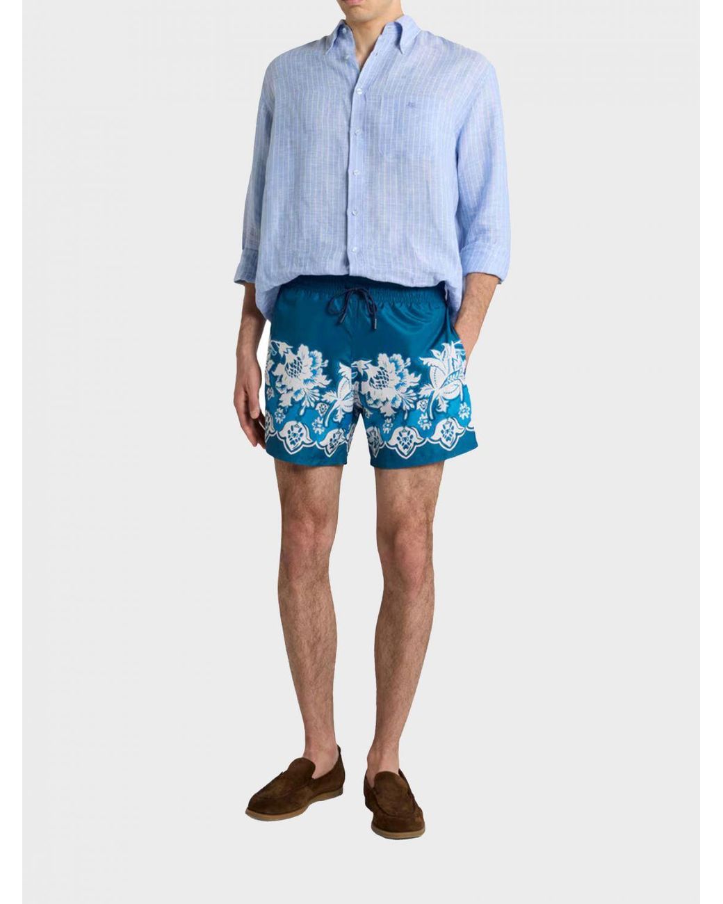Etro Blue Polyester Swimsuit With Floral Motif for men