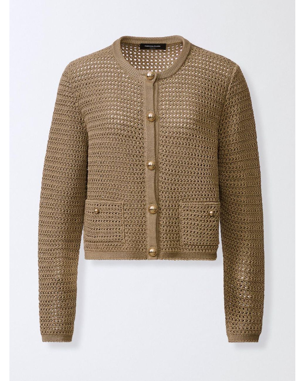 Fabiana Filippi Brown Crew-Neck Pure Cotton Cardigan With Buttoned Patch Pockets