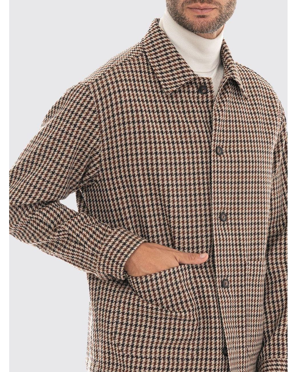 Boss Brown Houndstooth Wool And Cotton Blend Shirt Jacket With Patch Pockets for men