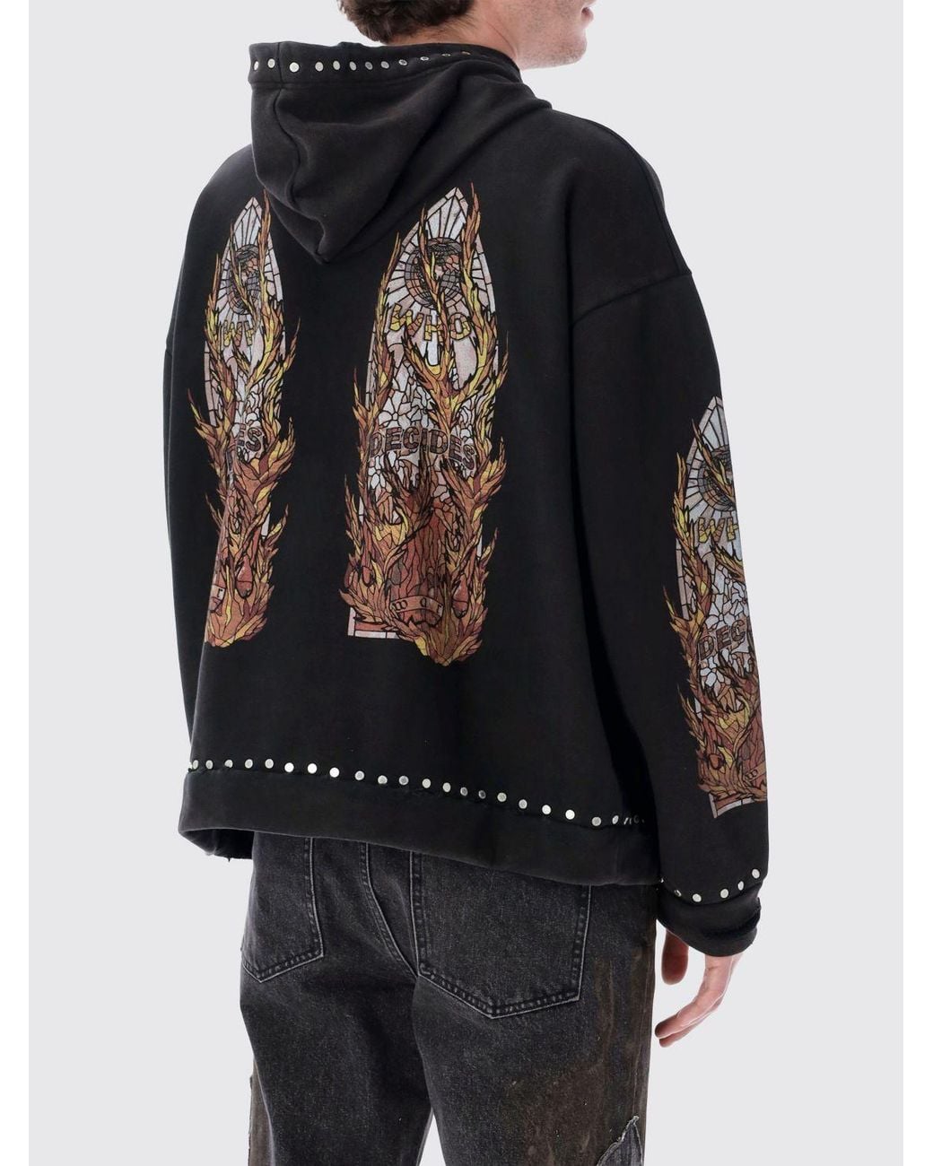 Who Decides War Black Studded And Printed Cotton Hoodie With Relaxed Fit for men