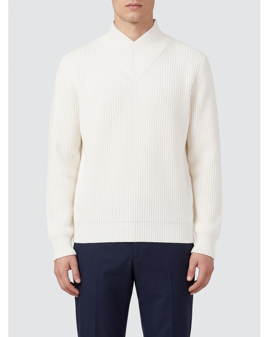 Cruna White V-Neck Pure Wool Jumper With Long Sleeves And Ribbed Edges for men