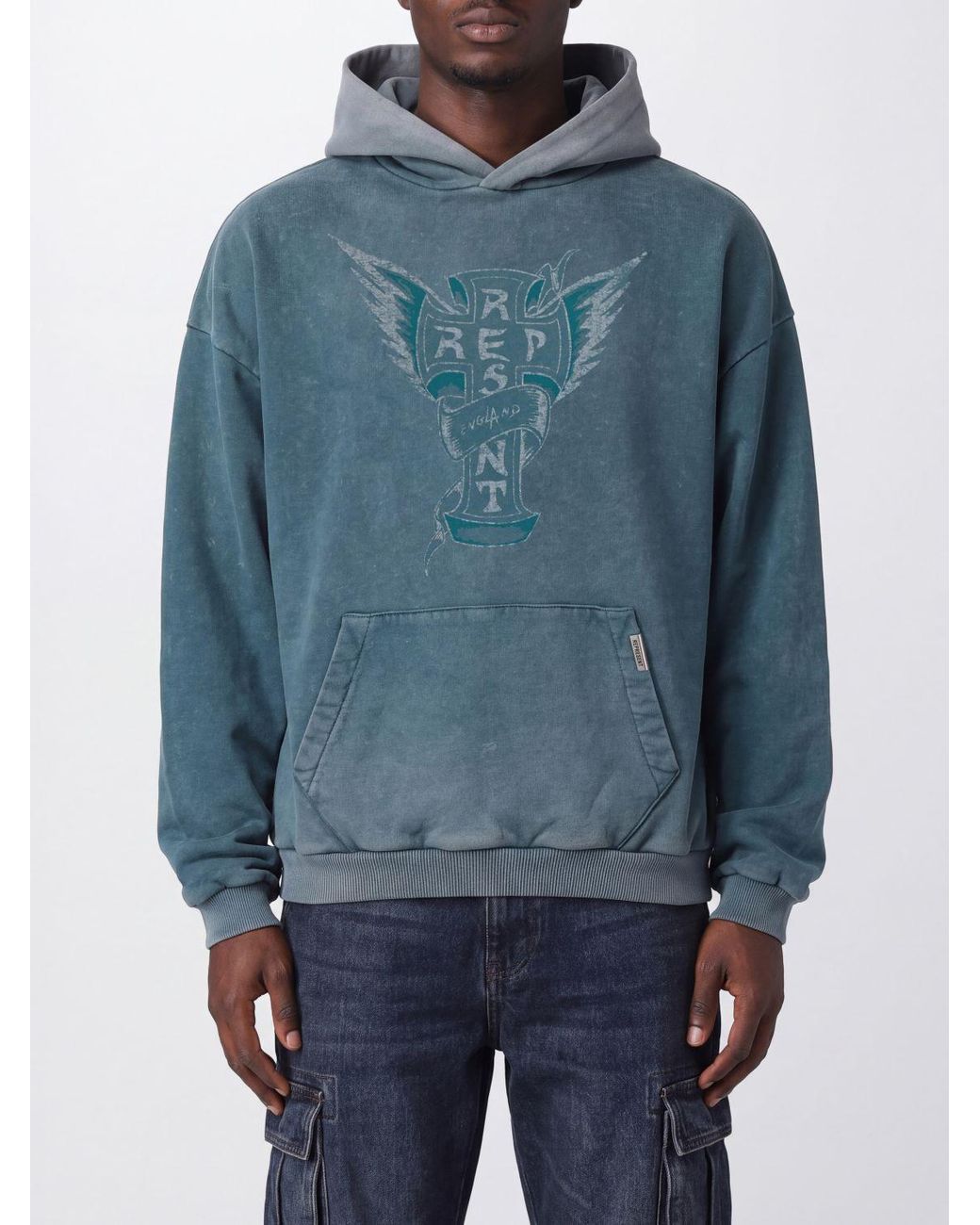 Represent Blue Relaxed Fit Contrast Logo Cotton Hoodie for men