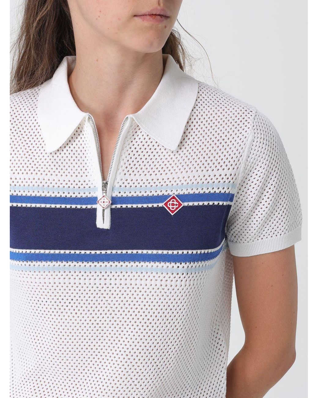 Casablanca White Perforated Cotton Knit Polo Shirt With Stripes And Zip Closure