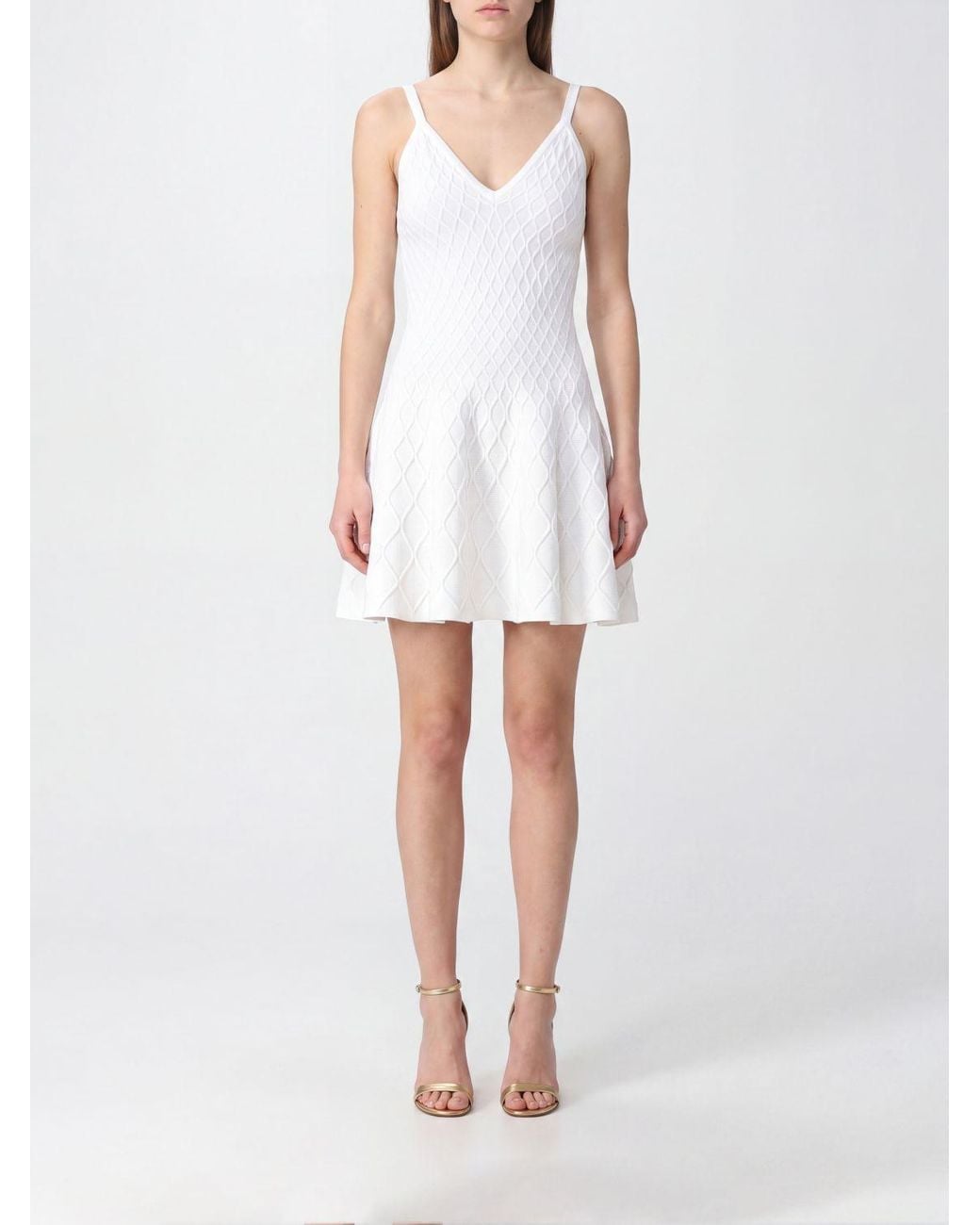 Balmain White A-Line Viscose Knit Mini Dress With V-Neck