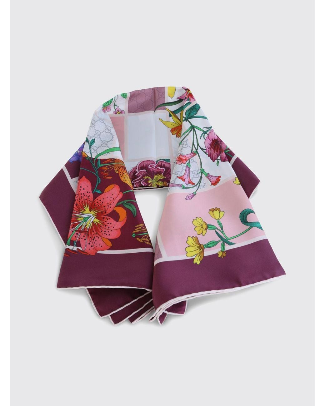 Gucci Pink Gg Monogram And Floral Motif Silk Twill Scarf