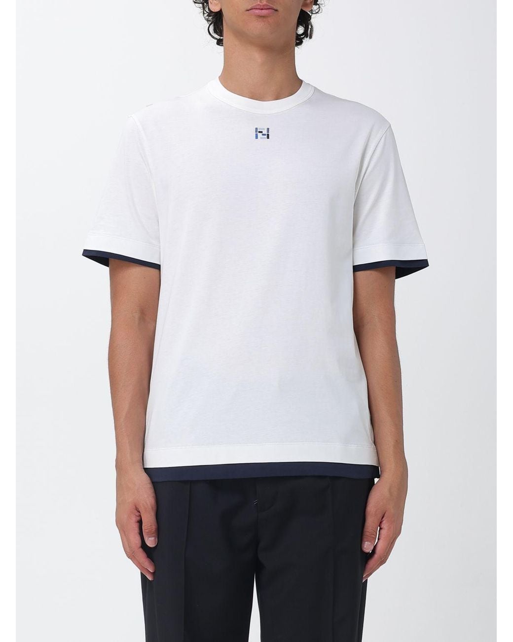 Fendi White Cotton T-Shirt With Ff Monogram And Contrast Trims for men