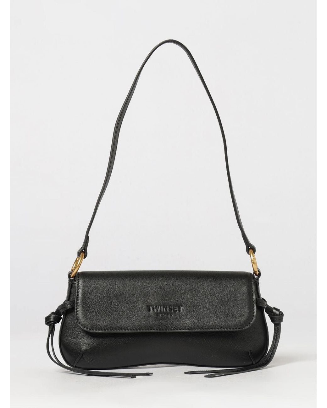 Twinset Black Calfskin Shoulder Bag With Tassels And Flap Closure