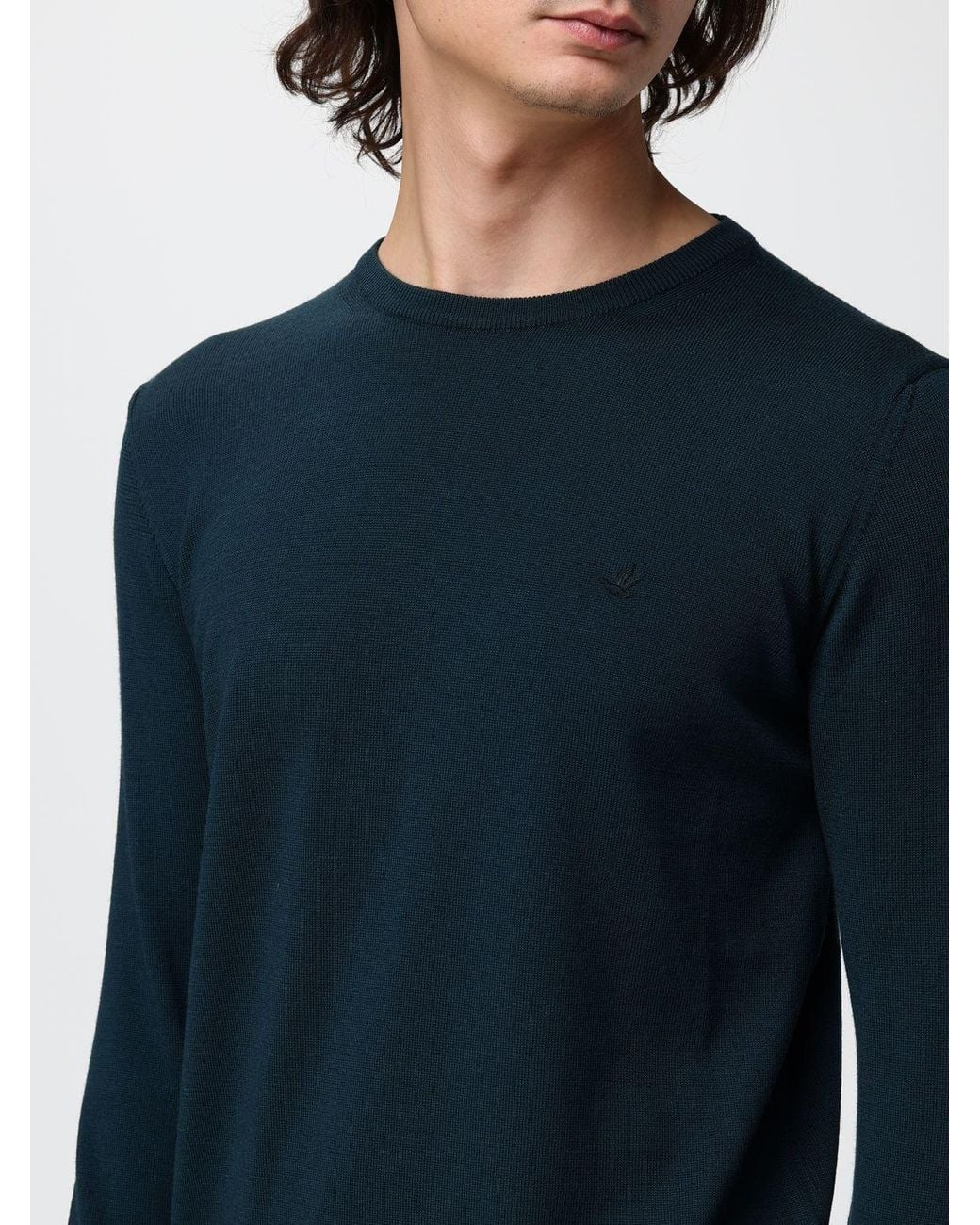 Brooksfield Blue Crewneck Wool Jumper With Long Sleeves And Ribbed Trims for men