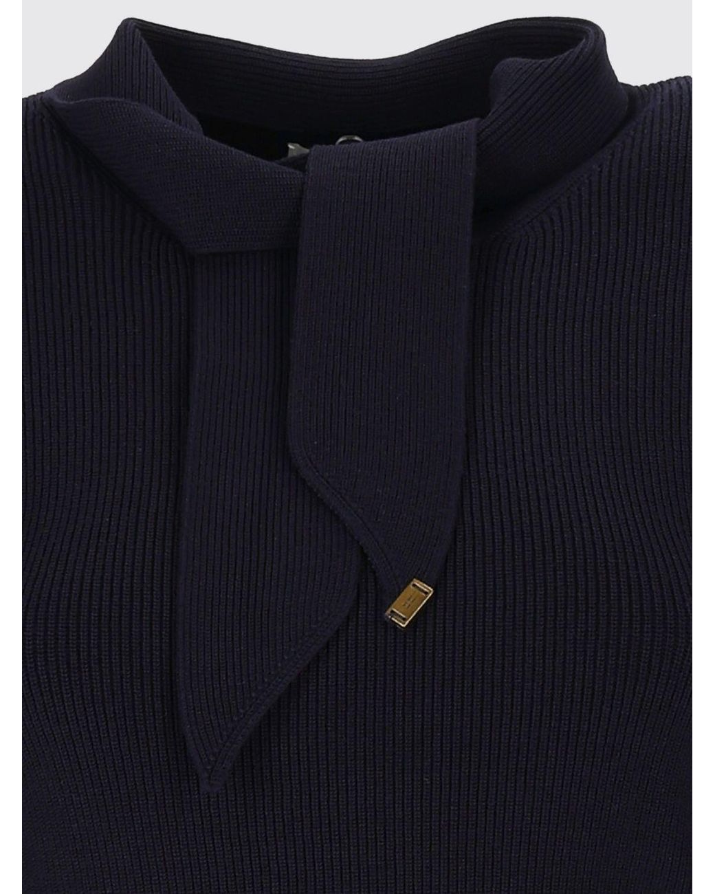 Elisabetta Franchi Blue Knit Mini Dress With Pussy-Bow Collar And Pockets