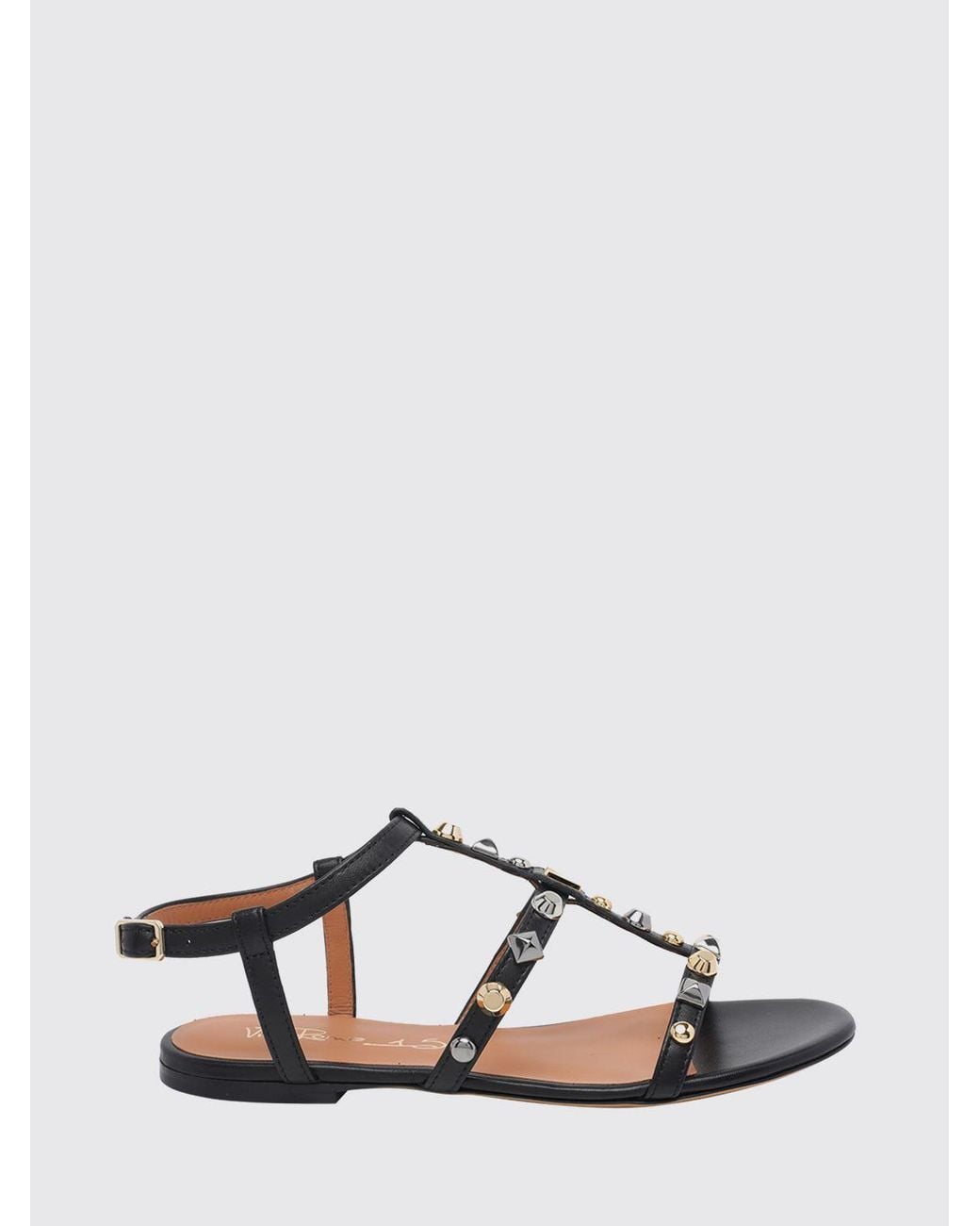 Via Roma 15 Black Flat T-Strap Smooth Calfskin Leather Sandals With Stud Application