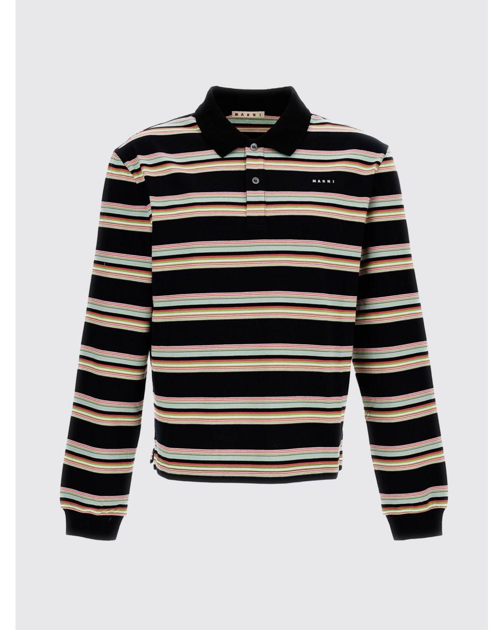 Marni Blue Long-Sleeved Striped Cotton Polo Shirt With Contrast Logo for men