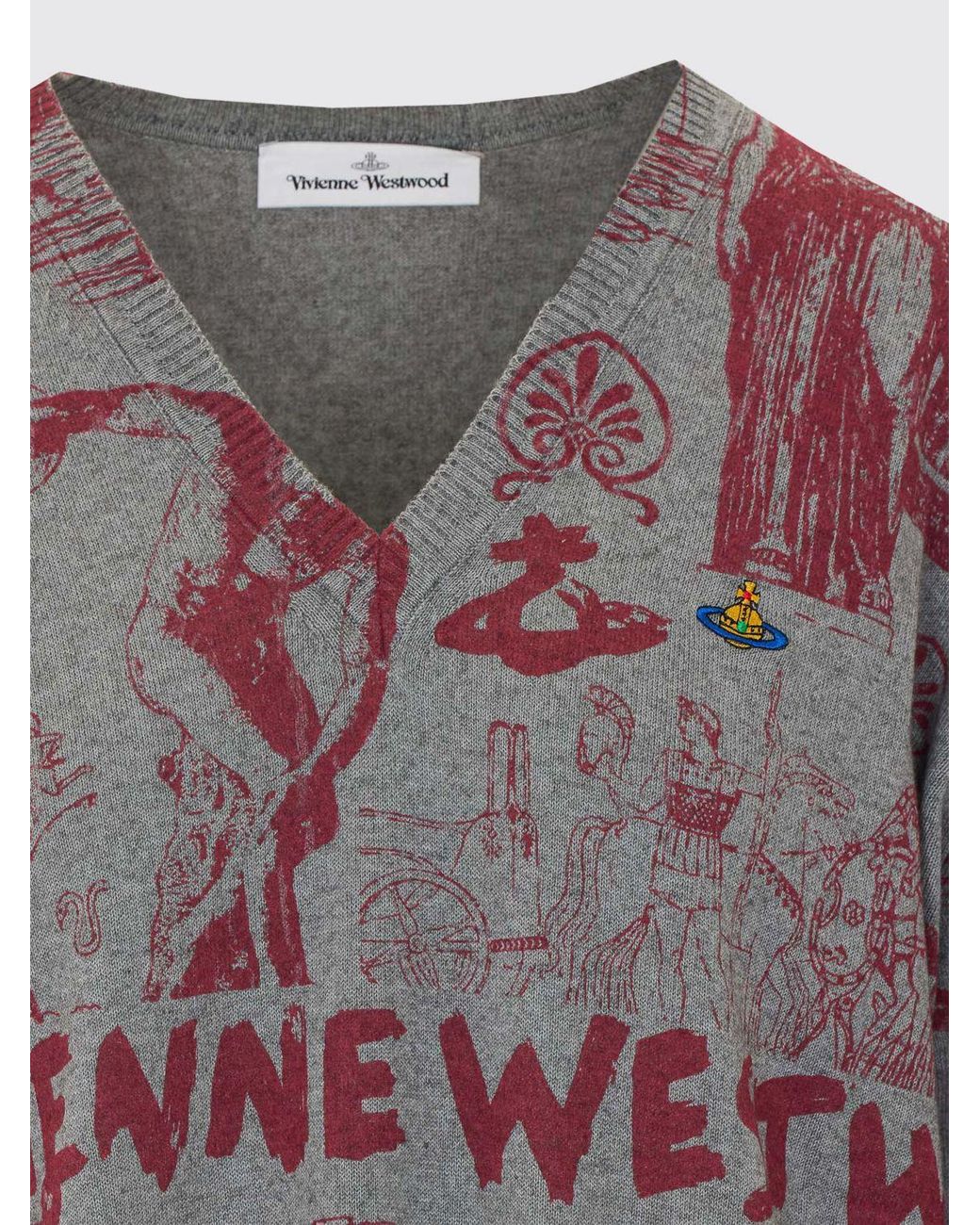Vivienne Westwood Red Abstract Cotton And Cashmere Blend V-Neck Jumper for men