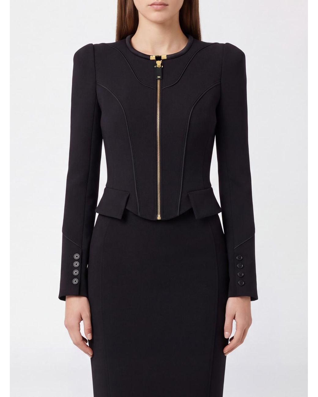 Elisabetta Franchi Black Cropped Corset Blazer With Crew Neck And Asymmetrical Hem