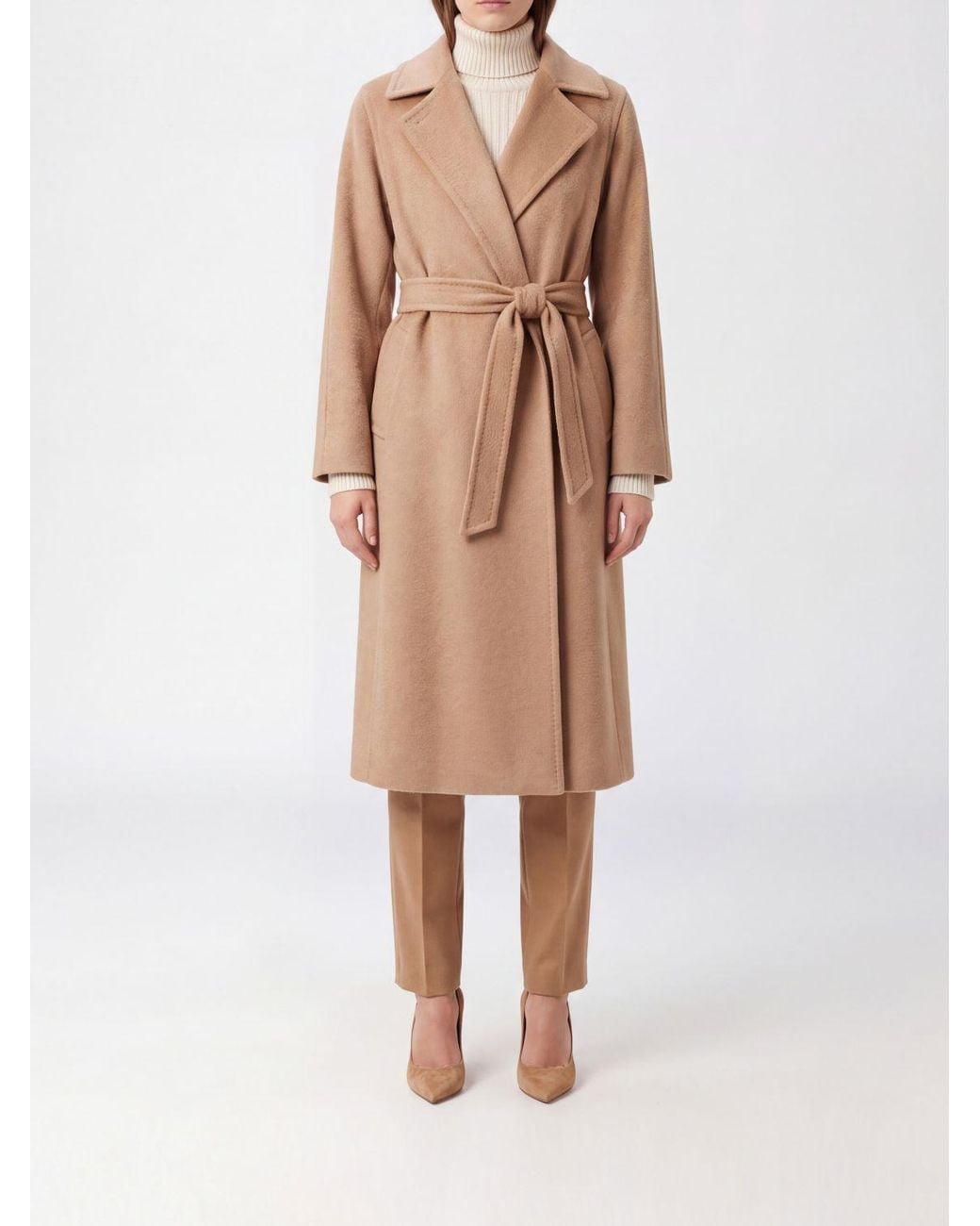Max Mara Natural Knee-Length Wool Robe Coat With Belt