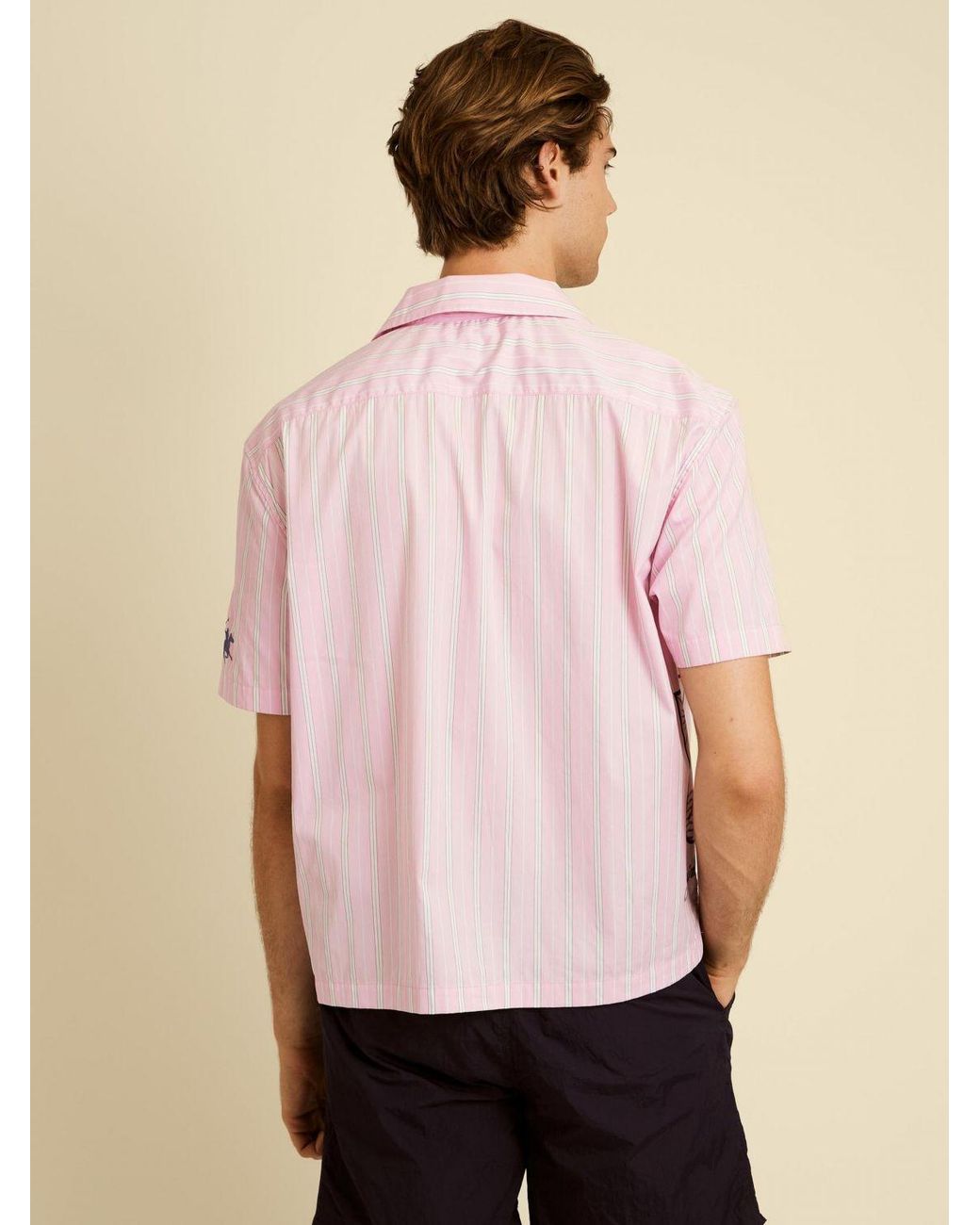 La Martina Pink Striped Relaxed Fit Cotton Shirt With Cuban Collar for men