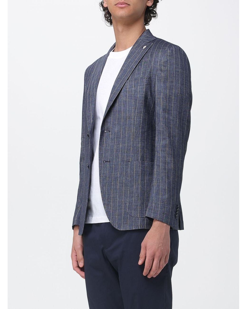 Manuel Ritz Blue Single-Breasted Pinstriped Linen Blend Blazer for men