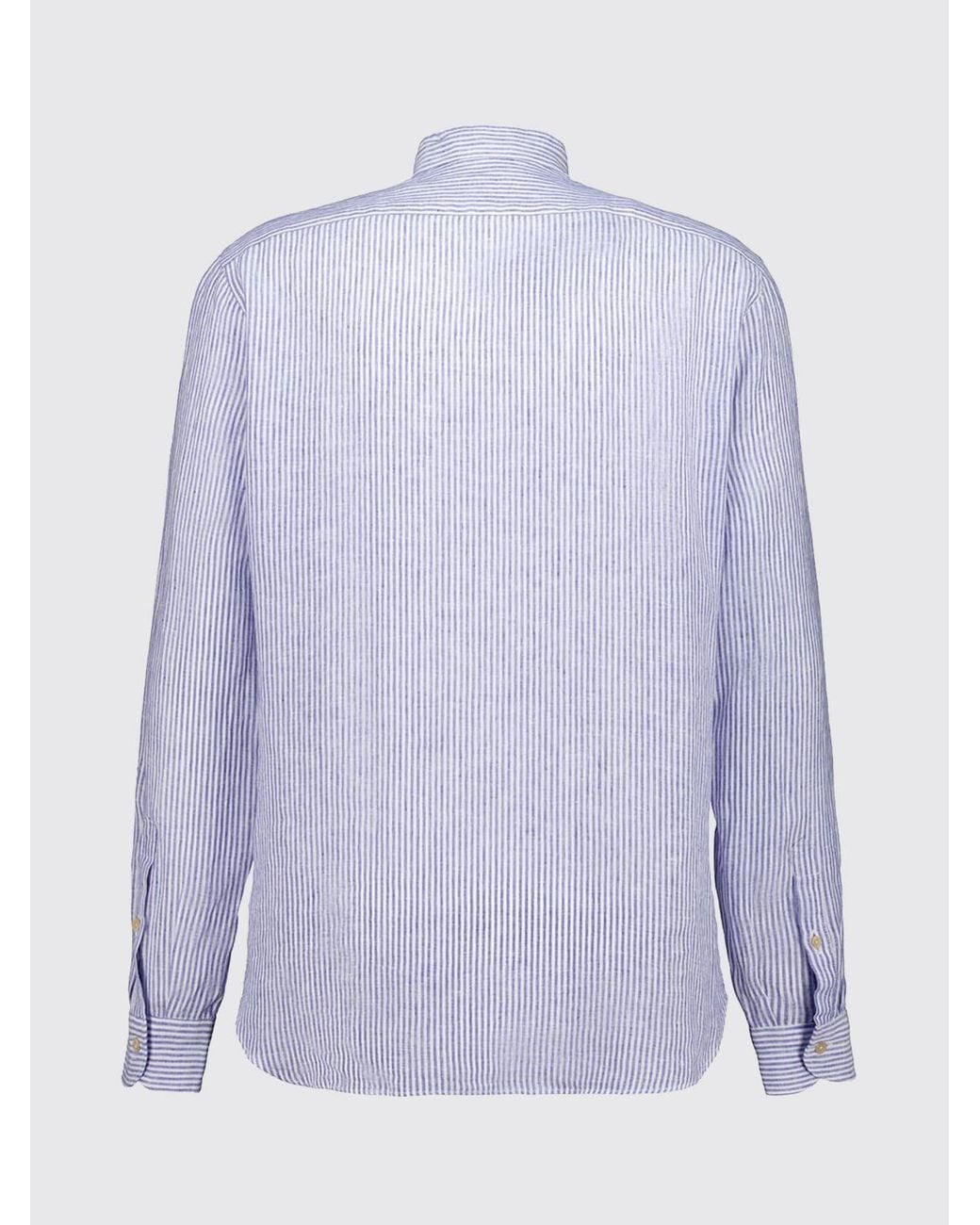 Boglioli Blue Striped Linen Slim Fit Shirt With Mandarin Collar for men
