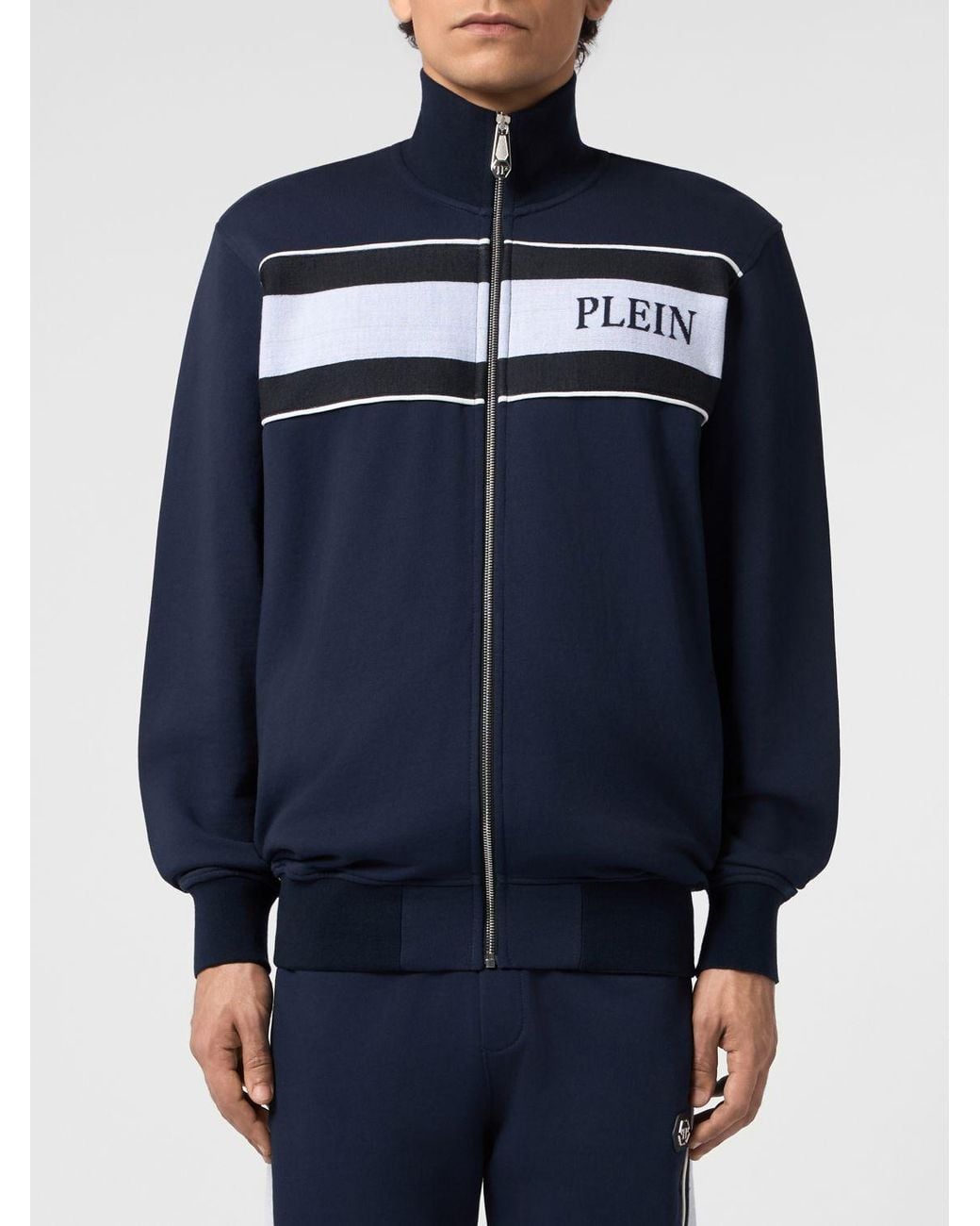 Philipp Plein Blue Contrast Logo Cotton Zip Turtleneck Jumper for men