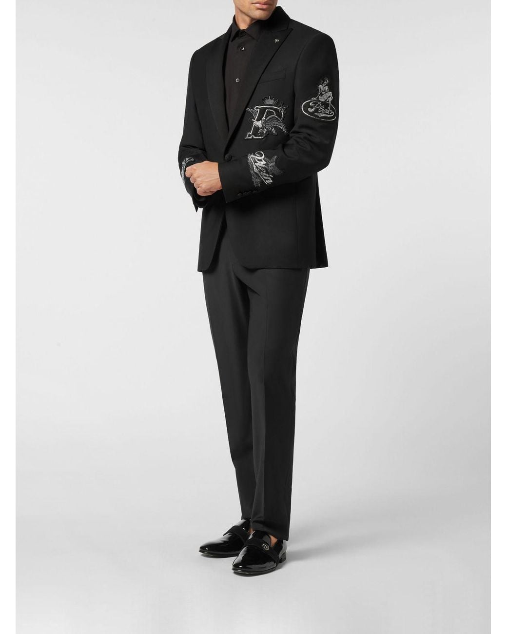 Philipp Plein Black Single-Breasted Wool-Blend Blazer With Peak Lapels And Logo Patch for men