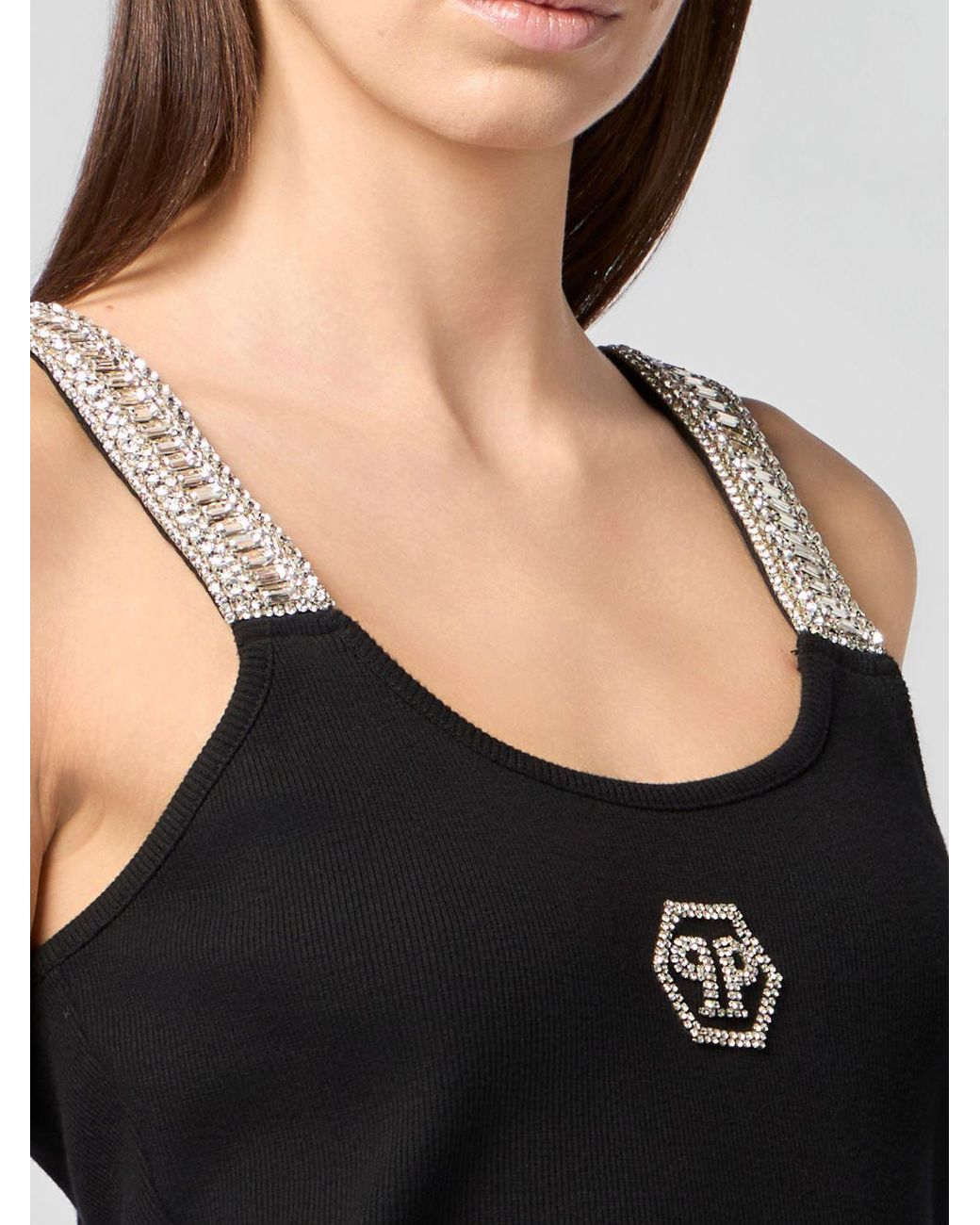 Philipp Plein Black Cropped Cotton Top With Jewel Straps And Rhinestone Logo