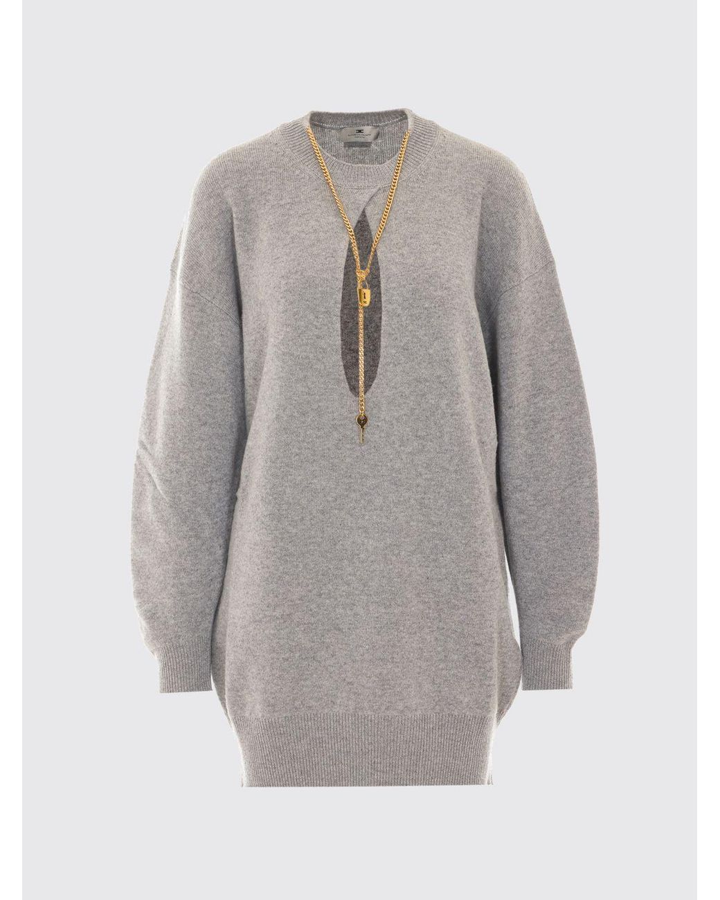 Elisabetta Franchi Gray Jewelled Cut-Out Knit Mini Dress