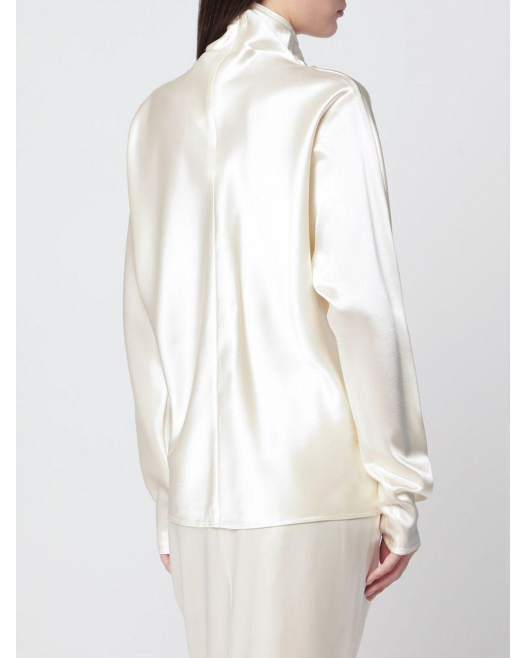 Almada Label White Satin Roll-Neck Top With Long Sleeves And Dropped Shoulders