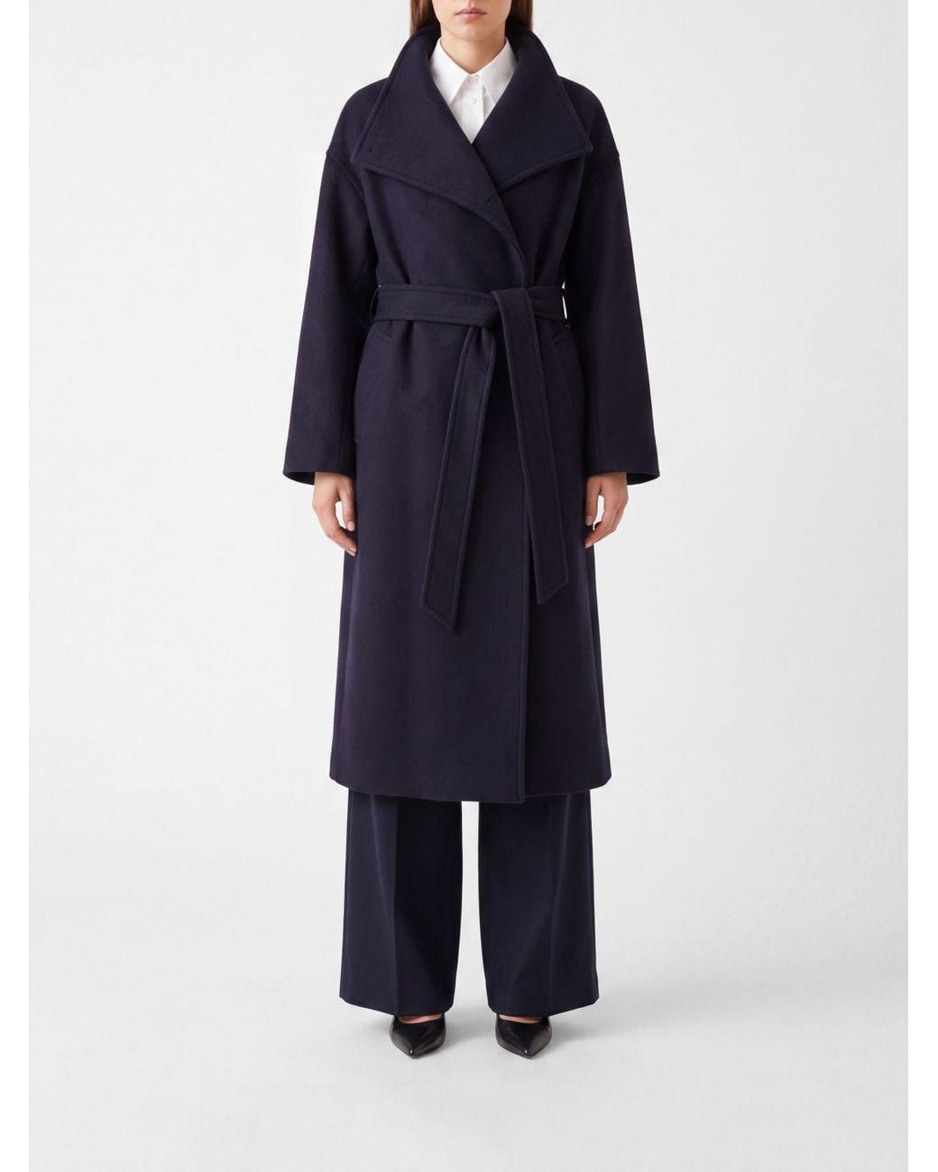 Joseph Blue Hooded Virgin Wool Blend Robe Coat With Shawl Collar And Belt